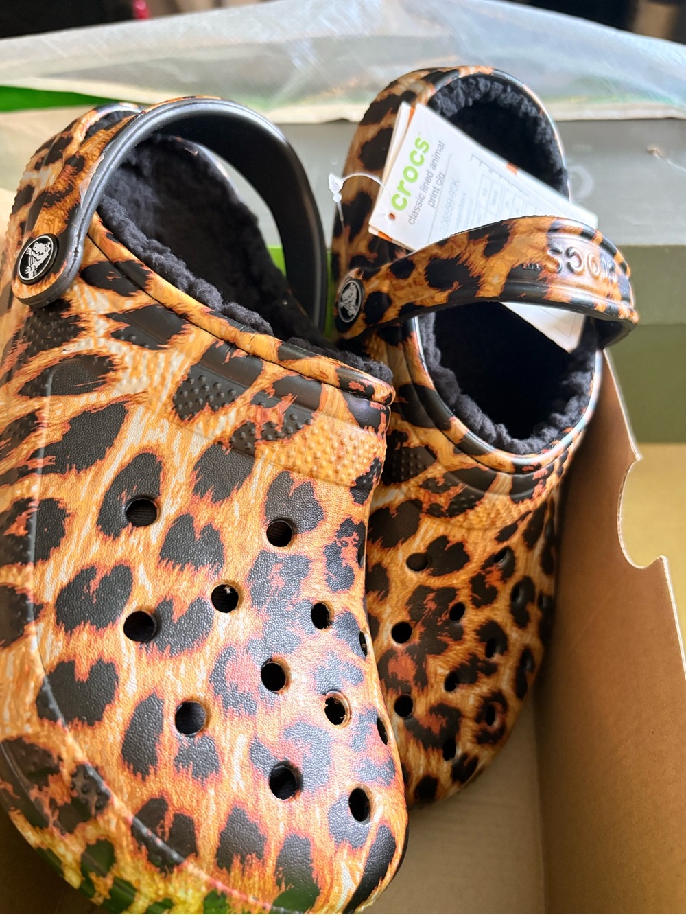 CROCS Leopard Print Clog with Black Fleece Lining - Brown/Black
